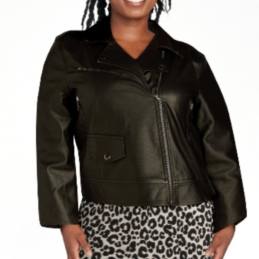 Black Faux Leather Moto Jacket Women Cropped Biker Jacket Zip Up Edgy Vegan Leat